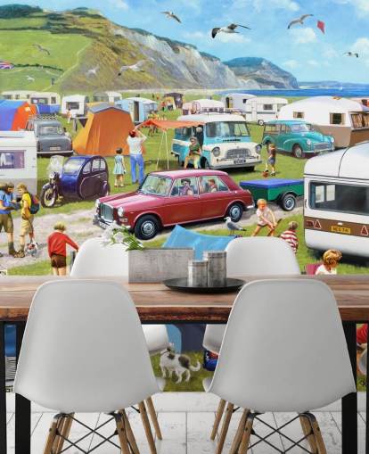 Autos und Zelte an der Küste geparkt mit Menschen Sonnenbaden Tapete