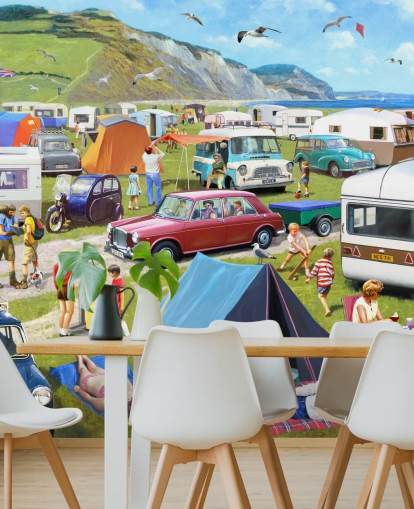 auto's en tenten geparkeerd aan de kust met mensen zonnebaden behang auto's en tenten geparkeerd aan de kust met mensen zonnebaden behang