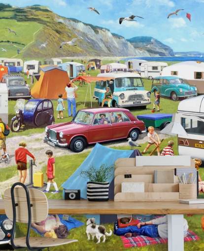 cars and tents parked by coast with people sunbathing wallpaper