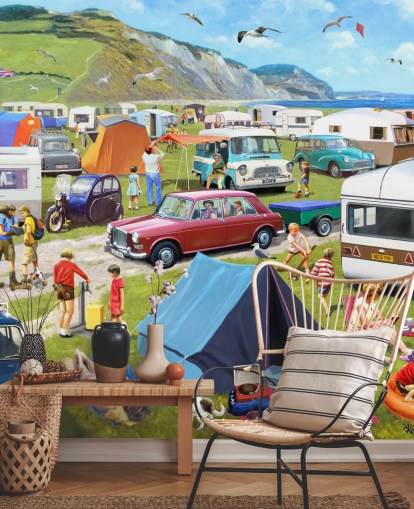 cars and tents parked by coast with people sunbathing wallpaper