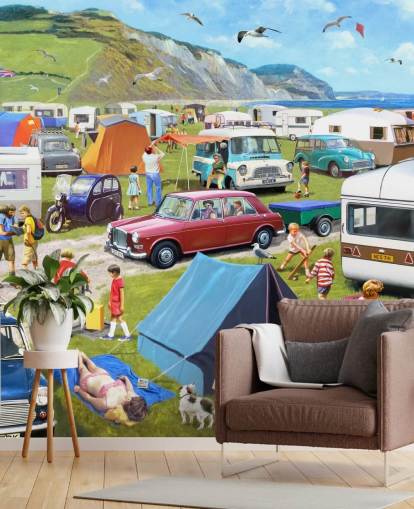 coches y tiendas aparcados por la costa con gente tomando el sol papel pintado