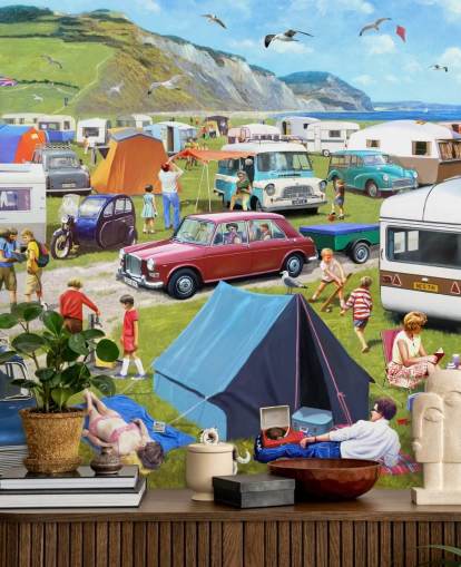 cars and tents parked by coast with people sunbathing wallpaper