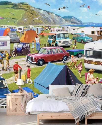 cars and tents parked by coast with people sunbathing wallpaper
