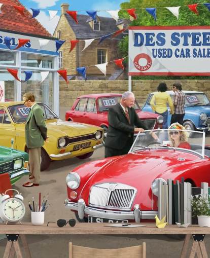 mannen die auto's behang verkopen en kopen