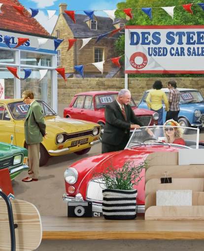 mannen die auto's behang verkopen en kopen