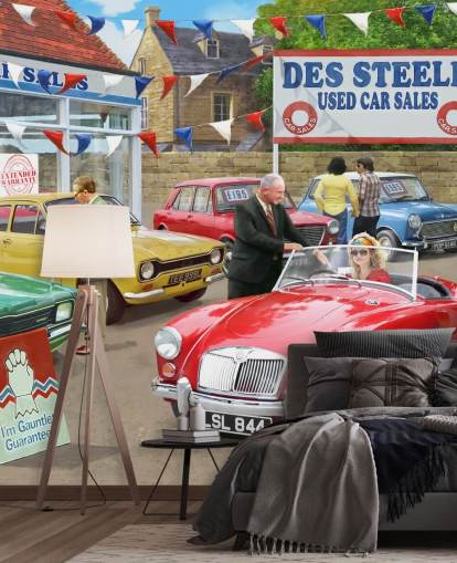 mannen die auto's behang verkopen en kopen