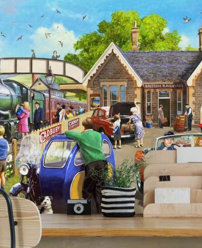 famiglie fuori dalla carta da parati ferroviaria