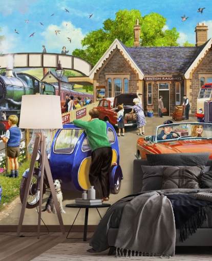 Familien draußen bei der Eisenbahn Tapete