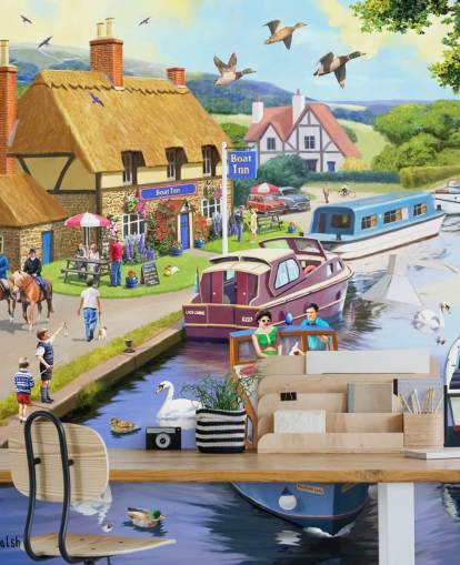 colourful barge boats on a canal wallpaper