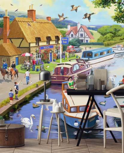 colourful barge boats on a canal wallpaper