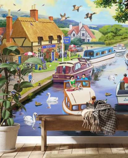 colourful barge boats on a canal wallpaper