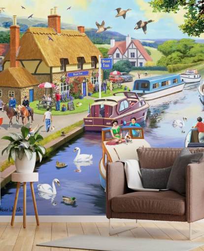 bunte Lastkahnboote auf einer Kanal-Tapete