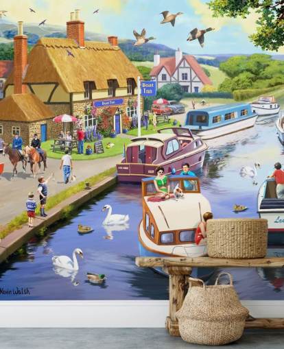 colourful barge boats on a canal wallpaper