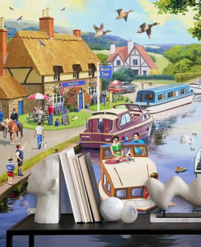 colourful barge boats on a canal wallpaper