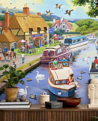 colourful barge boats on a canal wallpaper colourful barge boats on a canal wallpaper