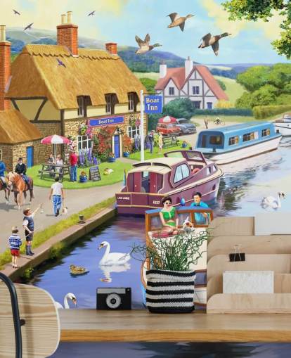 colourful barge boats on a canal wallpaper