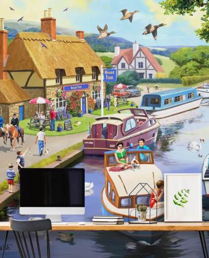 kleurrijke binnenschipboten op een grachtenbehang