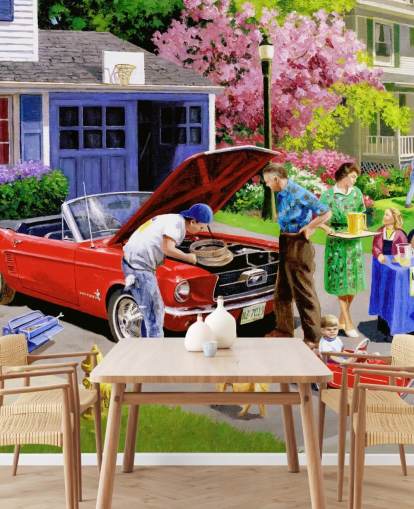 voiture rétro devant la maison papier peint