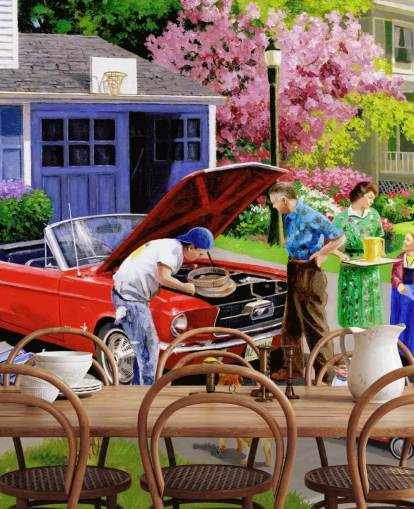 retro car in front of house wallpaper