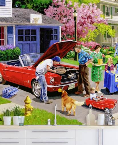 retro car in front of house wallpaper