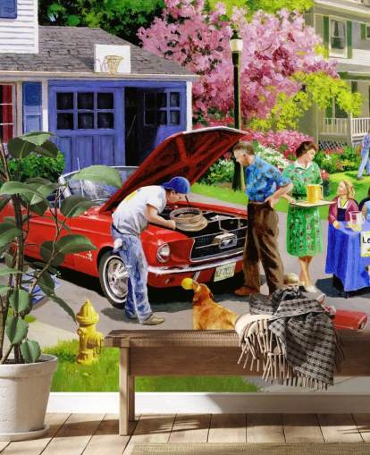 voiture rétro devant la maison papier peint