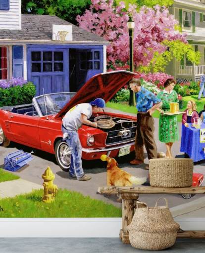 voiture rétro devant la maison papier peint