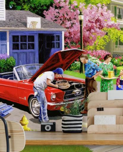 retro car in front of house wallpaper