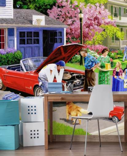 retro car in front of house wallpaper