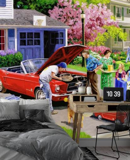 retro auto edessä talon tapetti