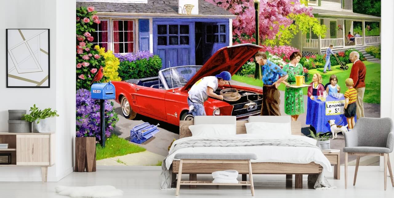 Retro-Auto vor dem Haus Tapete