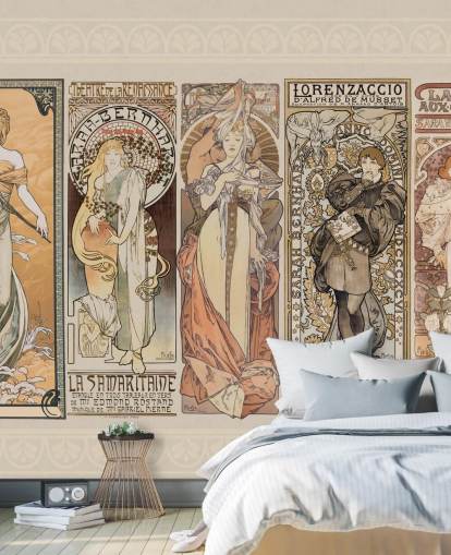 mucha geïnspireerde posters van vintage mensenbehang