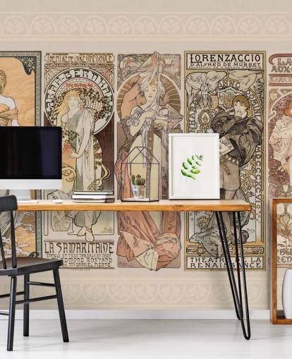 mucha inspired posters of vintage people wallpaper