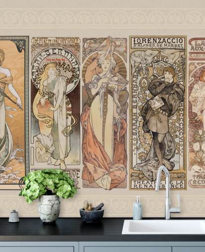 mucha geïnspireerde posters van vintage mensenbehang