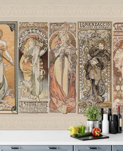 cartazes inspirados mucha de papel de parede de pessoas vintage