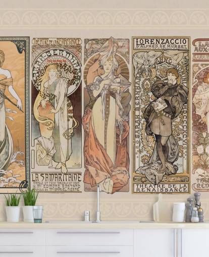 mucha geïnspireerde posters van vintage mensenbehang