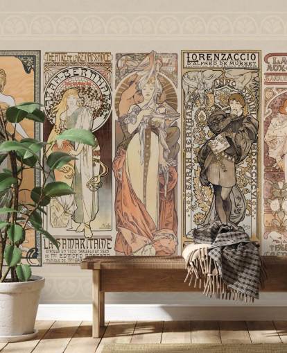 cartazes inspirados mucha de papel de parede de pessoas vintage