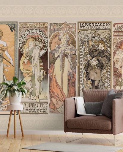 cartazes inspirados mucha de papel de parede de pessoas vintage