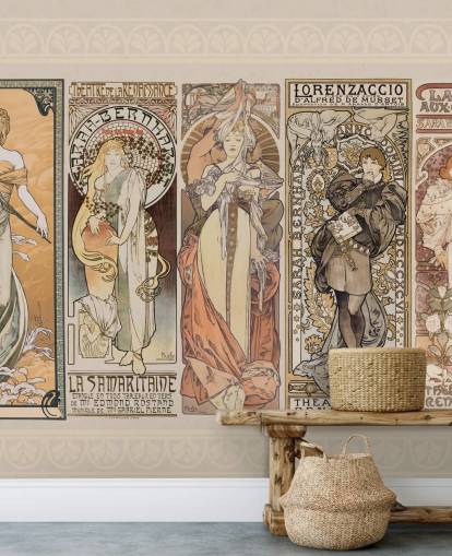 mucha inspired posters of vintage people wallpaper
