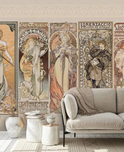 cartazes inspirados mucha de papel de parede de pessoas vintage