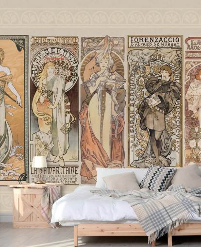 mucha inspired posters of vintage people wallpaper