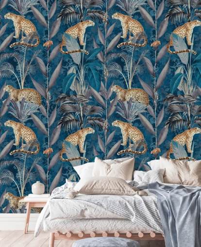 papel tapiz de repetición de patrón en guepardos en papel tapiz de fondo azul tropical