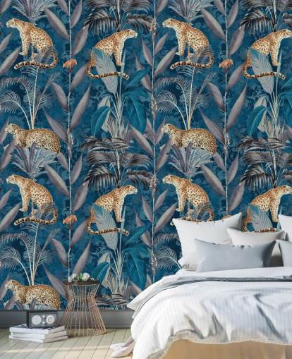 papel tapiz de repetición de patrón en guepardos en papel tapiz de fondo azul tropical