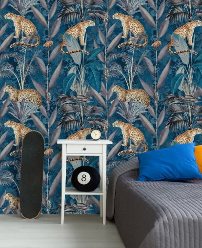 patroon herhaling behang op cheeta's op tropisch blauw achtergrondbehang patroon herhaling behang op cheeta's op tropisch blauw achtergrondbehang