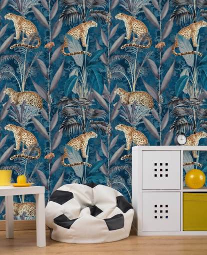 pattern repeat wallpaper on cheetahs on tropical blue background wallpaper