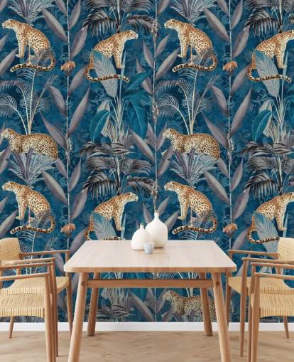 papel de parede de repetição padrão em chitas em papel de parede de fundo azul tropical