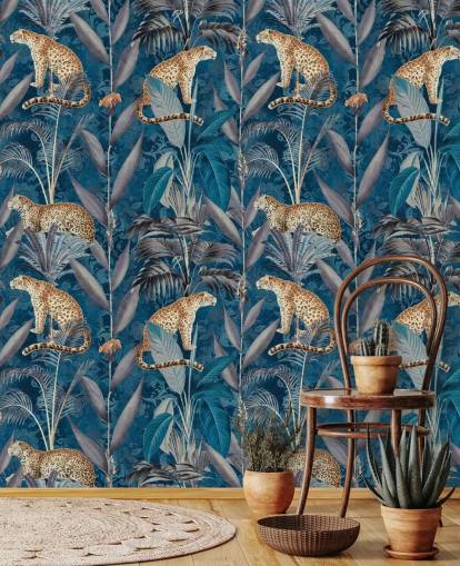 papel tapiz de repetición de patrón en guepardos en papel tapiz de fondo azul tropical