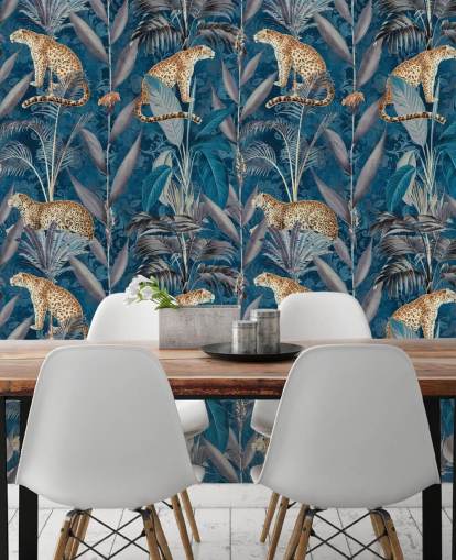 pattern repeat wallpaper on cheetahs on tropical blue background wallpaper