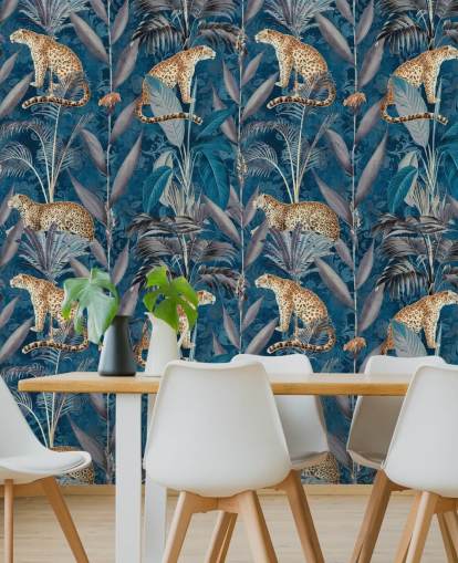 pattern repeat wallpaper on cheetahs on tropical blue background wallpaper