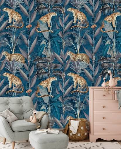 papel tapiz de repetición de patrón en guepardos en papel tapiz de fondo azul tropical