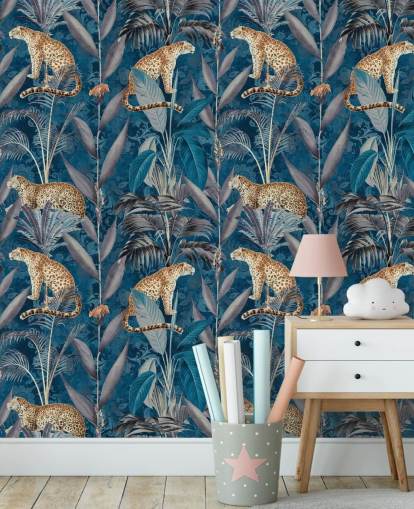 papel de parede de repetição padrão em chitas em papel de parede de fundo azul tropical